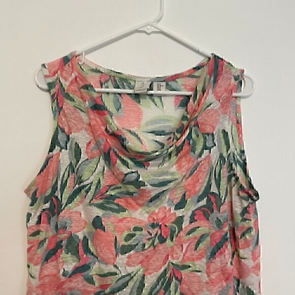 JOIE White Green Pink Tropical Floral Cowl Neck 100% Linen Sleeveless Blouse Top - Picture 2 of 12
